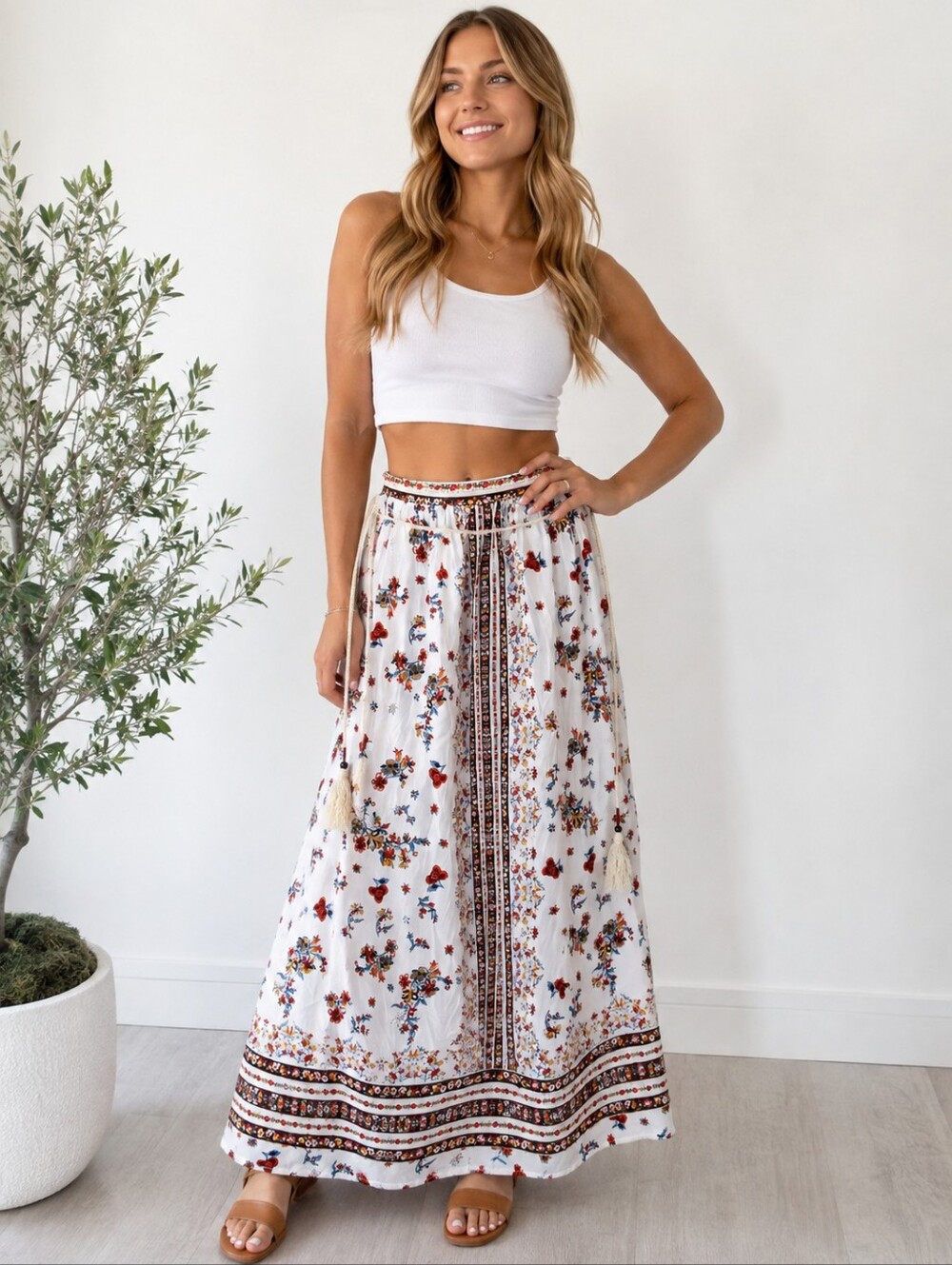 California Moonrise White Floral Boho Maxi Skirt Size M | Tassel Tie Waist